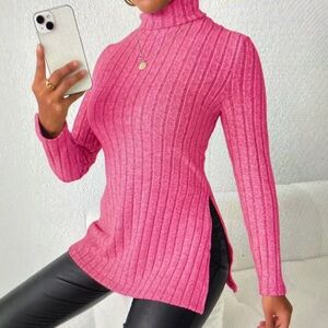 Elegant Pink Ribbed Turtleneck Sweater